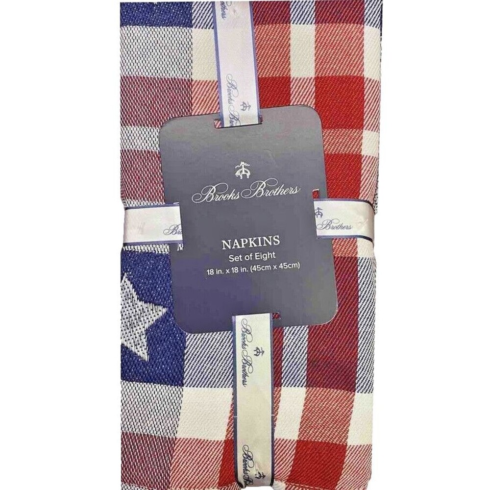 Brooks Brothers Napkins Fabric 4th of July Red White Stars Stripes Set Of 8